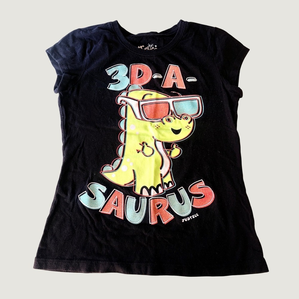 Y2K Justice Girls Black 3D-A-SAURUS Dinosaur Graphic Baby Tee Scene #16